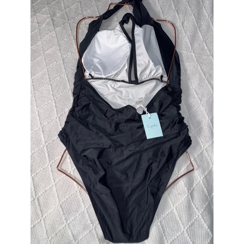 Cupshe Black Luxe Tummy Control Halter Swimsuit size XL‎